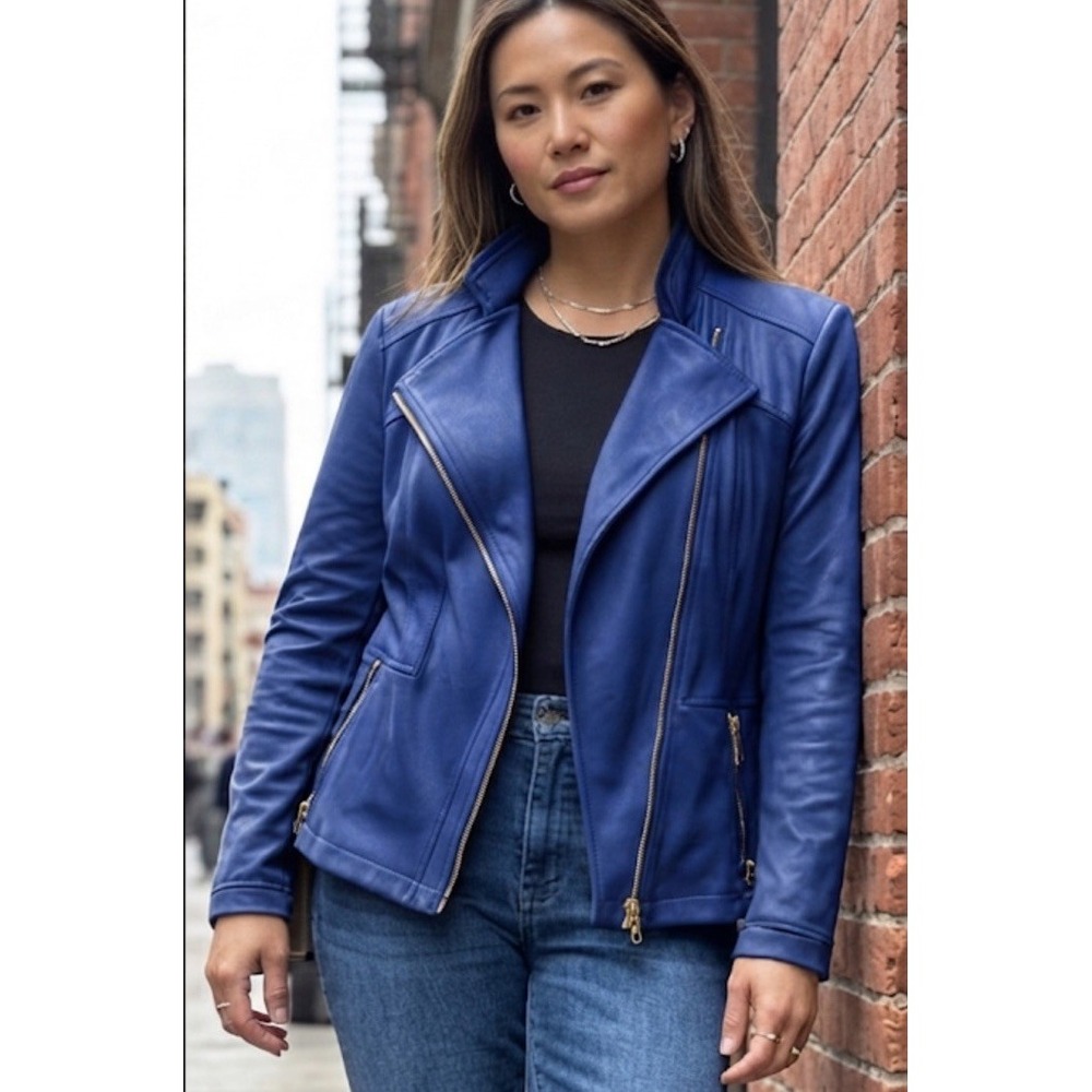 Clara Sun Woo Womens Liquid Faux Leather Moto Jacket Sz Small Blue Assymetrical